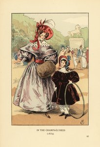 Kvinde og barn med bøjle leger i parken. I Champs Elysees Seed av François Courboin