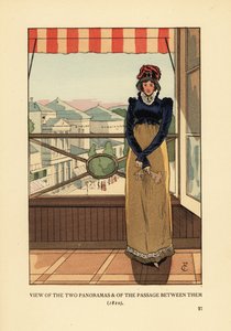 Kvinna vid fönstret med utsikt över Panoramas och Passage des Panoramas, på Boulevard Montmartre, Paris av François Courboin