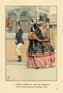Kvinna i pälsfodrad cape och muff över en bred krinolin, med en annan kvinna i ridkläder. Ett smart hörn av rue de Richelieu, Ostindiska kompaniets lager, Paris av François Courboin