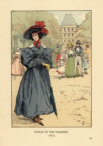 Kvinna promenerar i söndag Bäst i parken. Hon bär en bredbrättad hatt, klänning med helärmar, stövlar och har ett parasoll. Söndag i Tuilerierna av François Courboin