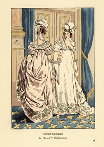Kvinnor i fjäderhuvudbonader och lyxiga broderade klänningar, kung Ludvig XVIII:s hof, ca 1817. Interiör med blå gardiner och fleur de lys matta. Hovklänningar i den tidiga restaureringen, Paris. Handkolorerad litografi av R.V. efter en illustration av François Courboin