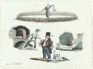 Tecknad film om J.C. Backer, C. Seyn och S. van der Paauw, 1839 av François Desterbecq