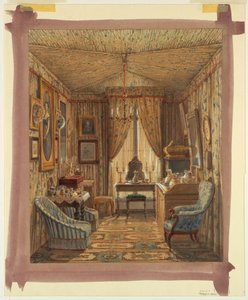 Teckning, interiör av omklädningsrum med tälttak, 1848