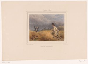 Två tjuvjägare jagar en hare Paysan braconnant (titel på objekt) Jägare med vapen (serietitel) Chasses au Tir (serietitel på objekt)