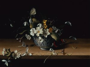 Blommor i en blå och vit kinesisk porslinsskål med en röd amiralfjäril på en träavsats (olja på panel) av François Habert
