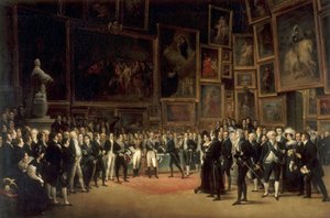 Charles X delar ut priser till konstnärer som ställer ut på salongen 1824 på Louvren