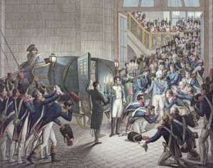 Ludvig XVIII:s (1755-1824) kung av Frankrike och Navarra, avgång från Les Tuileries, 19 mars 1815 (färgstick)