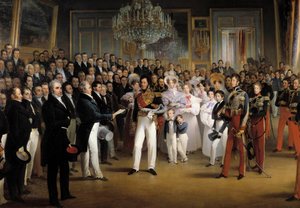 Revolutionen 1830: "" Deputeradekammaren överlämnar till hertigen av Orleans, Louis Philippe I (1773-1850), handlingen som kallar honom till tronen och stadgan från 1830, på det kungliga palatset, den 7/08/ 1830”” Detalj. Målning av Francois Joseph Heim (1 av François Joseph Heim