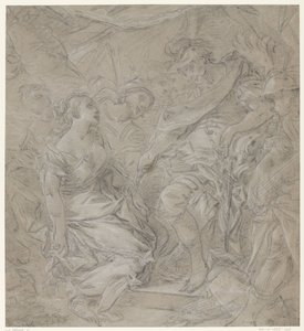 Ung kvinna knäböjer framför en general i hans tält (Scipio?) av François Le Moine (manner of)