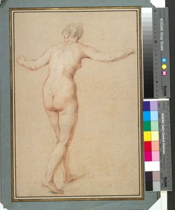 Stående kvinna naken sett bakifrån, ca 1722 (röd, svart och vit krita på papper) av François Lemoyne