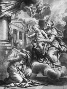 Saint Martina knäböjer inför Jungfrun och barnet, när barnet erbjuder henne en lilja,..., ca. 1664-79.
