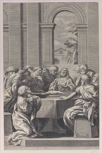 Nattvarden, interiören av en klassisk byggnad med Kristus och hans apostlars säte..., 1660-81.