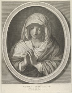 Jungfrun i bön tittar ner, i oval ram, efter Reni, 1640-93. av François de Poilly