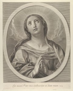 Jungfrun i bön, tittar upp med moln bakom sig, i en oval ram, efter Reni, ..., 1648-81. av François de Poilly