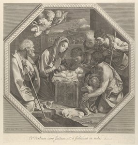 Tillbedjan av herdarna som knäböjer tillsammans till höger inför Kristusbarnet..., ca. 1655-93. av François de Poilly