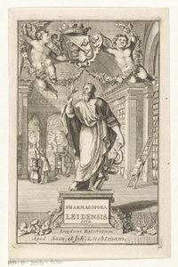 Asclepius Titelpagina voor: S.n., Pharmacopoeia Leiden, upprättad av de största magistraternas myndighet, 1770