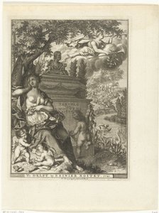 Muse och putti sitter vid poeten Arnold Moonens grav Titelsida för: Arnold Moonen, Continued der poëzye, Delft 1720 Fortsättning av A. Moonens Poezy (titel på objekt) av François van Bleyswijck