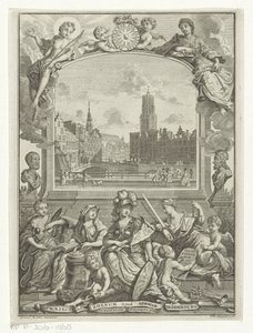 Stadsbild med Domkyrkan i Utrecht och allegori med Minerva och dygder