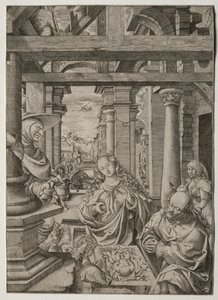 Tillbedjan av herden, ca. 1522-1525. av Frans Crabbe van Esplegem