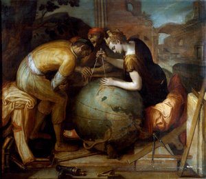Geometri. Allegori och personifiering av geometri som håller en comppas ovanför en jordglob. Olika geometriska instrument är arrangerade i förgrunden. Målning av Frans Floris (1515-1570). flamländsk konst. Privat samling, Genes.