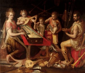 Musikkaraktärer vetus har den gamla omgivningen av musikinstrument som utgör en allegori. Målning av Frans Floris (1515-1570) 1500-talsgener, privat samling av Frans Floris