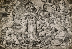 Victoria omgiven av fångar och troféer, 1552. av Frans Floris