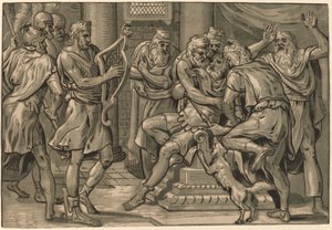 David spelar harpan före Saul av Frans Floris I