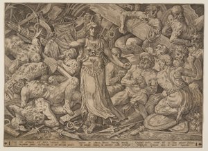 Victoria omgiven av krigsfångar och krigstroféer av Frans Floris I