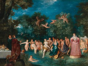 Diana och hennes nymfer badar, med en svensexa i bakgrunden, ca 1606.