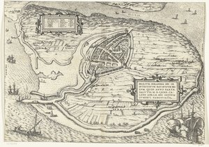 Karta för eiland Voorne en plattegrond van Brielle, 1572 Brillium, Holland op. på grund av det inbördes holländska kriget, som året för segern för frälsningen 72 e.Kr. i aprilhettan började han här, berömd (titel på objekt) av Frans Hogenberg
