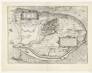 Karta för eiland Voorne en plattegrond van Brielle, 1572 Brillium, Holland op. på grund av det inbördes holländska kriget, som året för segern för frälsningen 72 e.Kr. i aprilhettan började han här, berömd (titel på objekt) av Frans Hogenberg