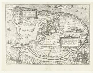 Karta för eiland Voorne en plattegrond van Brielle, 1572 Brillium, Holland op. på grund av det inbördes holländska kriget, som året för segern för frälsningen 72 e.Kr. i aprilhettan började han här, berömd (titel på objektet)