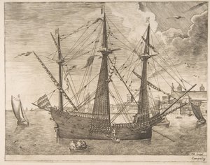 Beväpnad tremästare ankrade nära en stad från segelfartygen, ca. 1555-56. av Frans Huys