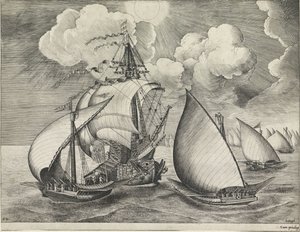 En flotta av beväpnade galärer åtföljda av ett krigsskepp Segelfartyg (serietitel) av Frans Huys