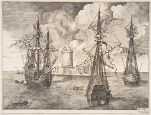 Fyrmästare och två tremästare ankrade nära en befäst ö från The Sailing Ves..., 1561-65. av Frans Huys