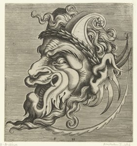 Mask i profil med två rullhorn och lagerkrans Pourtraicture ingenieuse de plusieurs facons de masques... (serietitel)