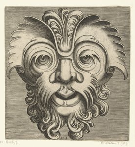 Mask med skägg och mustasch med lockar, en tofs lockar vilar på näsroten Pourtraicture ingenieuse de plusieurs facons de masques... (serietitel)
