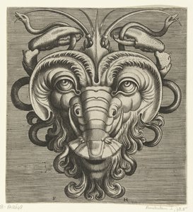 Mask med två hummerklor som håller ormar Pourtraicture ingenieuse de plusieurs facons de masques... (serietitel)