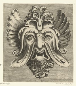 Mask med slappa kinder, två spetsiga nedre tänder och en tofs lockar som vilar på näsroten Pourtraicture geniala de plusieurs facons de masques... (serietitel) av Frans Huys