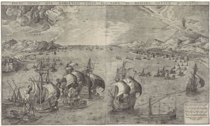 Zeeslag i Straat van Messina Optisk teckning av de sicilianska kusterna eller Mamertine vulgo och Messinas fyr (titel på objektet)