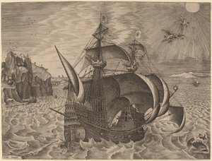 Beväpnad tremästare med Daedalus och Ikaros i himlen