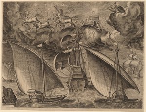 Två galärer bakom en beväpnad tremästare med Phaethon och Jupiter i himlen