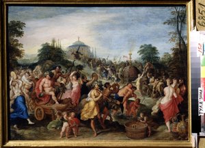 ""The procession of Bacchus"" representation av en bacchanal, satyrer och bacchanter som dansar, spelar. Målning av Franz (Frans) Francken II den yngre (1581-1642) (ec.flam.) Statens konstmuseum från 1600-talet, Tula, Ryssland