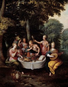 De fem sinnena unga kvinnor i ett landskap med bankett (smak), musik (hör), spegel (syn), bukett blommor (doft) och smekning (beröring). Detalj. Målning av Franz (Frans) Francken II le Jeune (1581-1642)