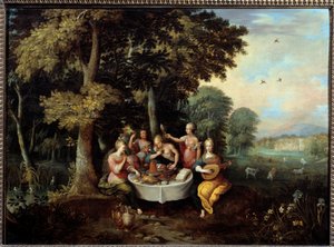 De fem sinnena unga kvinnor i ett landskap med bankett (smak), musik (hör), spegel (syn), bukett blommor (doft) och smekning (beröring). Målning av Franz (Frans) Francken II le Jeune (1581-1642) (ec.flam.) 1600-talet sön. 0,65x0,9 m Toulouse, musée