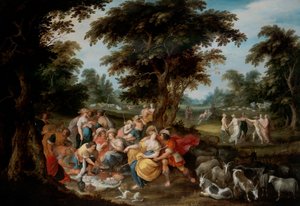 Arcadia: Ett pastoralt landskap med herdar och herdinna som picknickar