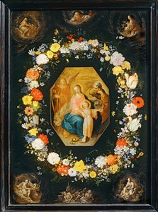 Den heliga familjen omgiven av en blomsterkrans ... av Frans II the Younger Francken