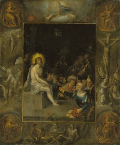 Kristi hån, i en grisaille omgivning som visar Gud Fadern, evangelisterna, Korsfästelsen, Uppståndelsen och Djävulen och döden med den krönade ormen av Frans II the Younger Francken