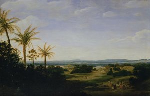 Brasilianskt landskap med det portugisiska residenset, kyrkan och Casa Granda, floden Varzea bortom av Frans Post