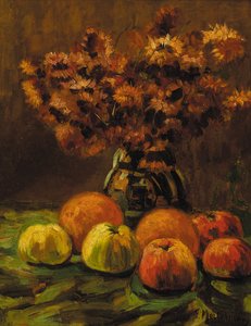 Äpplen, apelsiner och en vas med blommor på ett bord (olja på panel)